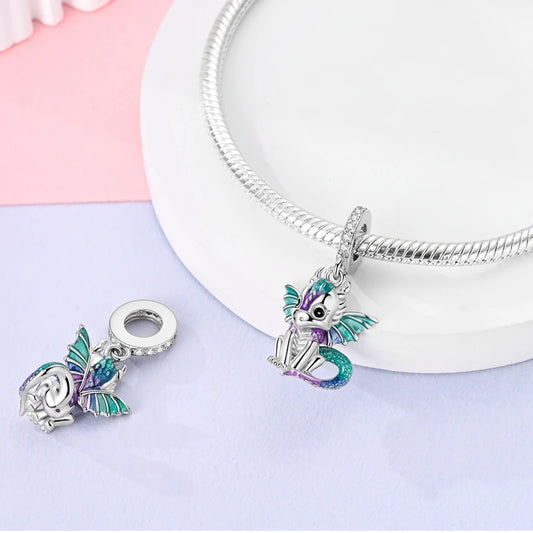925 Sterling Silver Lovely Cat Dog Fire Dragon Dinosaur Animal Charms Beads Fit Pandach Original Bracelets Fine DIY Jewelry Gift