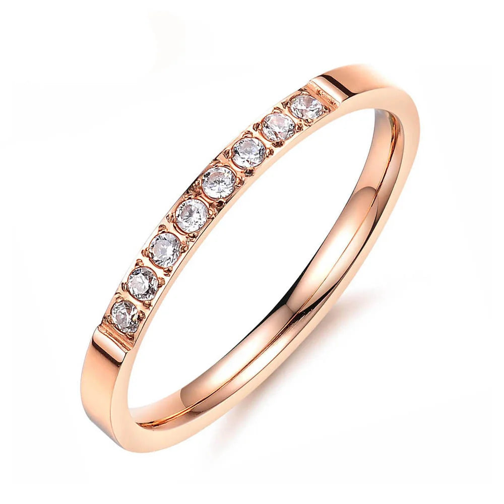 JeeMango New Arrival Rose Gold Color Simple Rings Jewelry Inlaid Cubic Zirconia For Women Stainless Steel Wedding Ring JR19171