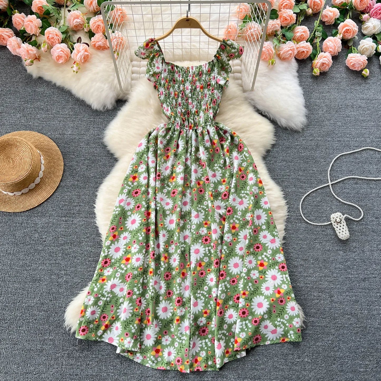 2024 Printing New Summer For Women Dress Pleated Sleeveless Party Long Dress Korean Floral Streetwear Outfits Vacation Vestidos