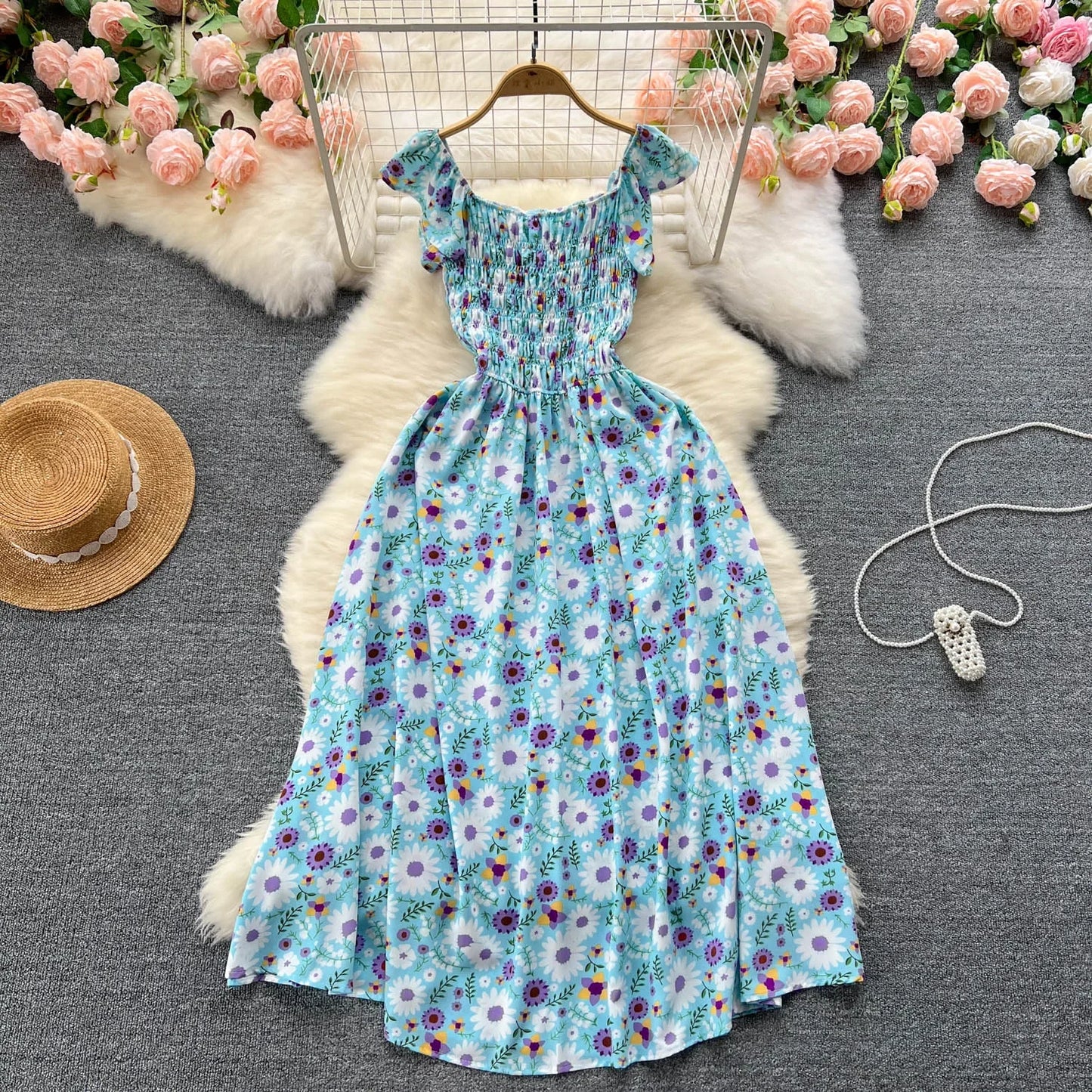 2024 Printing New Summer For Women Dress Pleated Sleeveless Party Long Dress Korean Floral Streetwear Outfits Vacation Vestidos