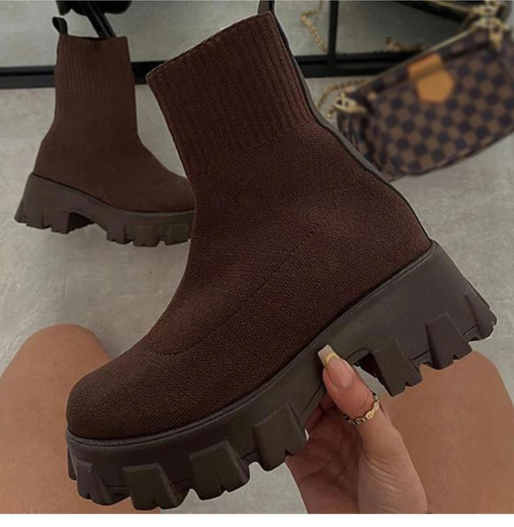 Women Boots Elastic Platform Boots Breathable Spring Summer Heels Botas Mujer Slip On Ankle Boots Elegant Woman Heeled Shoes