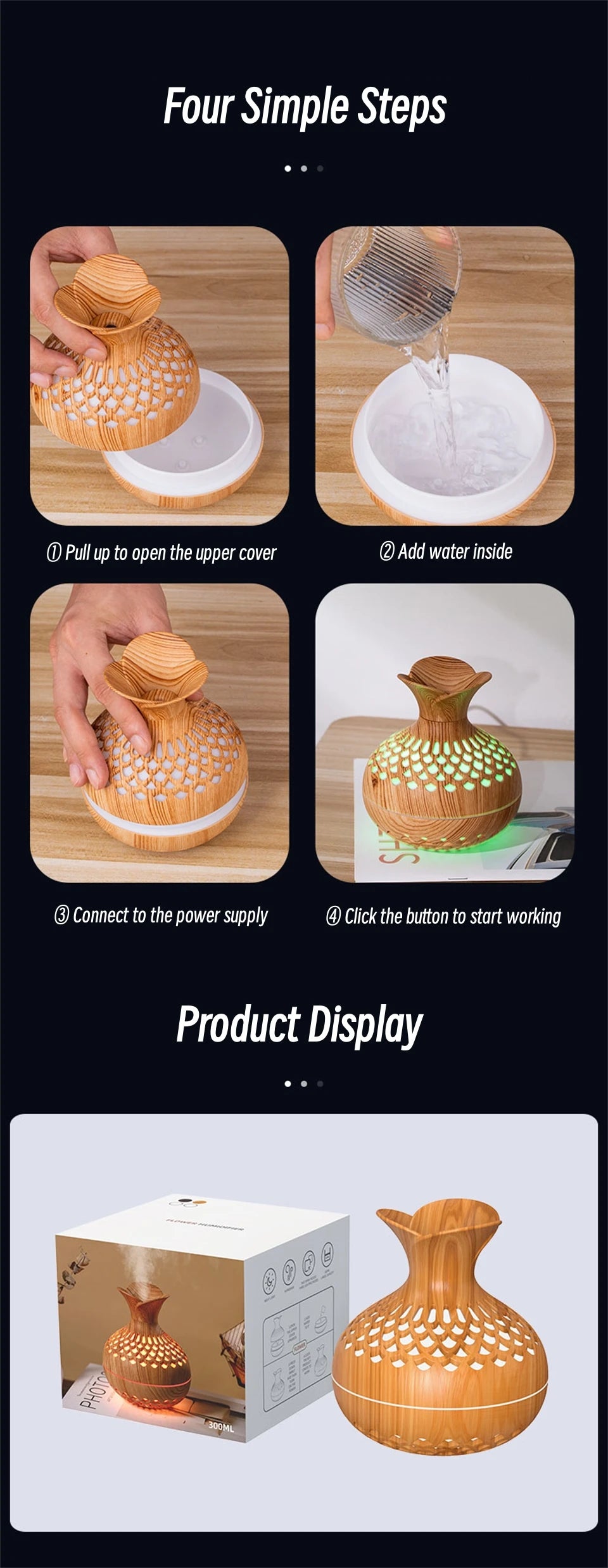 300ml Vase Air Humidifier USB Ultrasonic Cool Water Aroma Diffuser with LED Light For Home Room Silent Aromatherapy Humificador