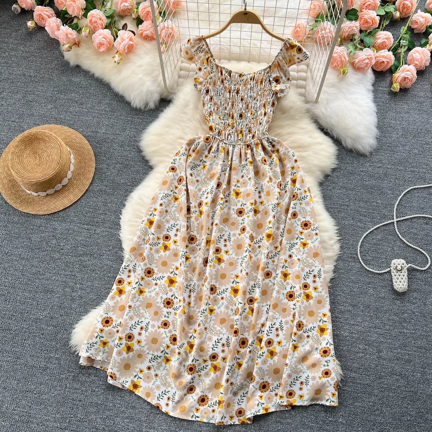 2024 Printing New Summer For Women Dress Pleated Sleeveless Party Long Dress Korean Floral Streetwear Outfits Vacation Vestidos