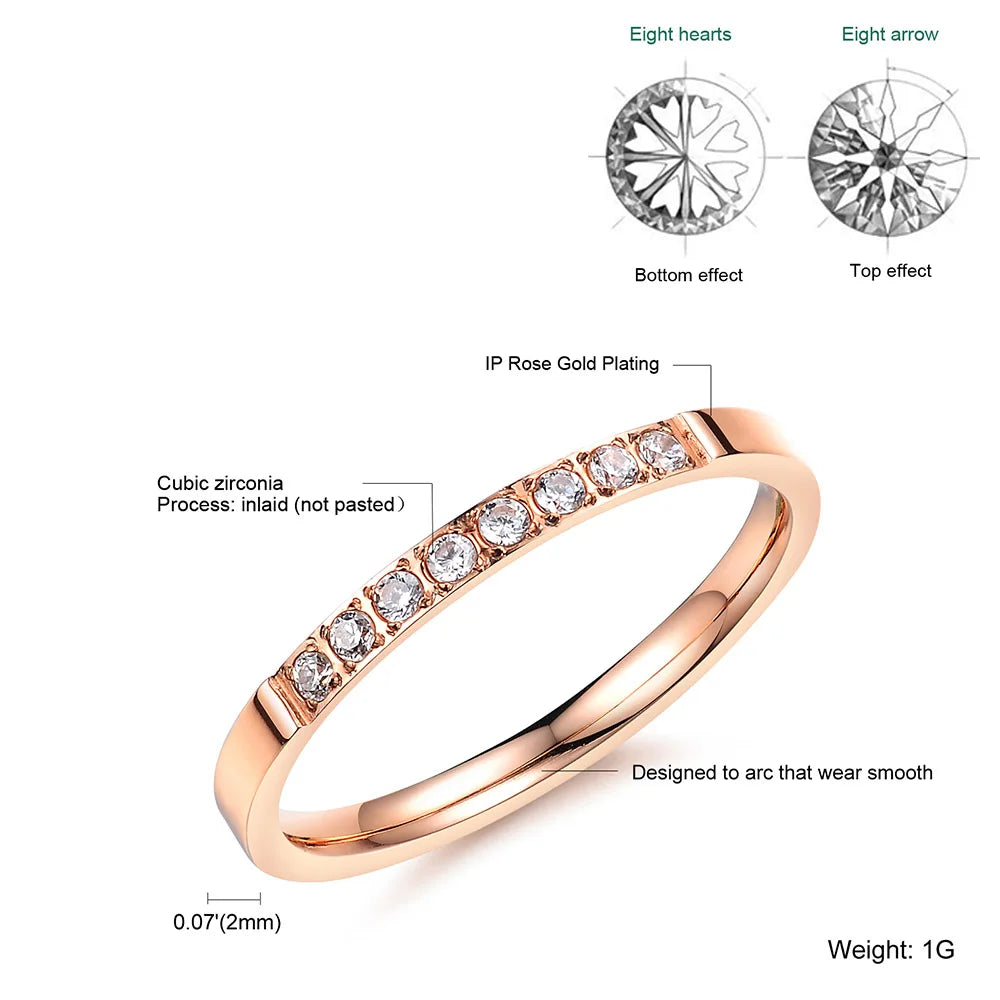 JeeMango New Arrival Rose Gold Color Simple Rings Jewelry Inlaid Cubic Zirconia For Women Stainless Steel Wedding Ring JR19171