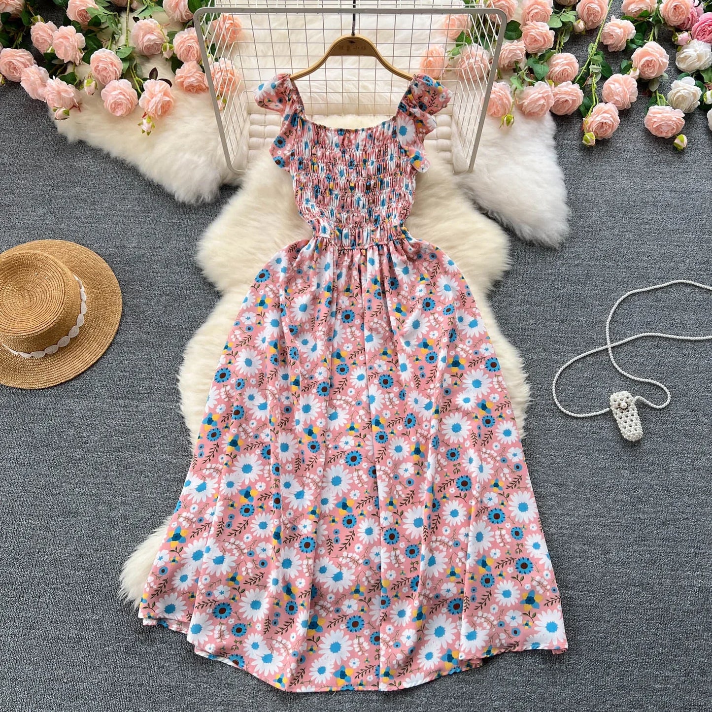 2024 Printing New Summer For Women Dress Pleated Sleeveless Party Long Dress Korean Floral Streetwear Outfits Vacation Vestidos