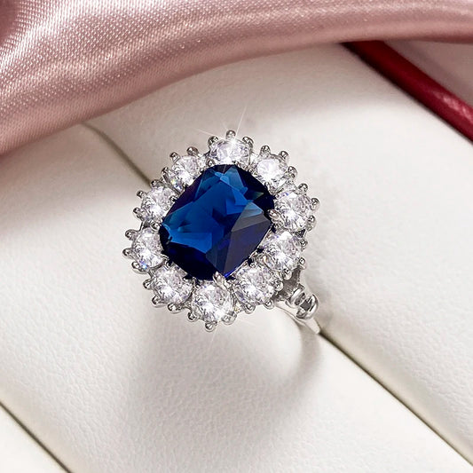 Huitan Vintage Blue Cubic Zirconia Rings for Women Sparkling Wedding Bands Accessories Lady's Rings Anniversary Party Jewelry