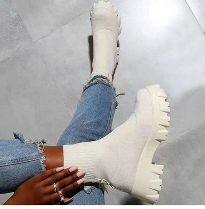 Women Boots Elastic Platform Boots Breathable Spring Summer Heels Botas Mujer Slip On Ankle Boots Elegant Woman Heeled Shoes